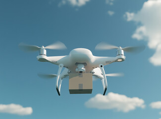  A drone flying in the clear sky with a parcel, representing a futuristic approach to delivery solutions that enhance speed, efficiency, and sustainability in logistics with drone technology.