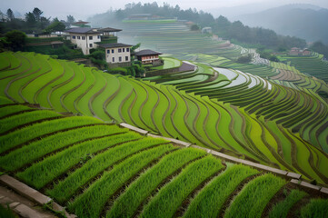 Naklejka premium 棚田の朝霧