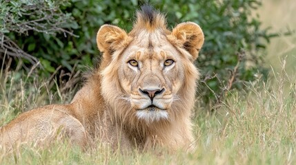 Fototapeta premium Young lion rests in African savanna grass