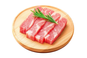 Fototapeta premium Plate of meat with a few sprigs of rosemary on top, isolated