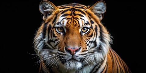 Obraz premium Close up portrait of a fierce tiger staring intensely at the camera, isolated on a black background , tiger, animal, wild