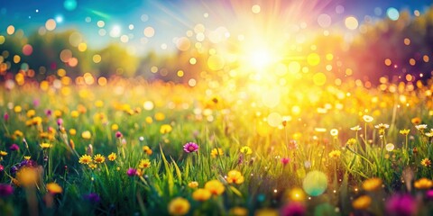 Fototapeta premium Vibrant summer field with blurred sunlight creating bokeh effect, sunny, field, summer, bokeh, vibrant, sunlight, blurred