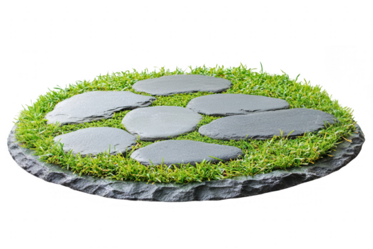 Decorative garden stepping stones on grassy surface with transparent background showcasing landscaping design for outdoor spaces