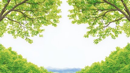 Vibrant Green Tree Branches Frame White Background