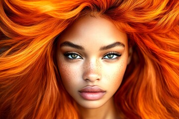 Fototapeta premium Lovely calm mixed-race girl - for ads, ad page and web use. Long haircut - highlighted hair. Commercial marketing creative. African model hairstyles. Long hair art. Black woman model.