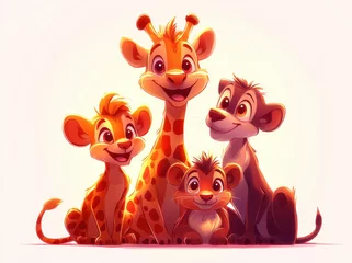Fototapete cheerful group of cartoon animals, including giraffes and lions, showcases friendship and joy. Their bright expressions and playful poses create delightful scene © Tea leaves