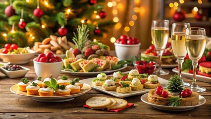 Assorted holiday appetizers on a festive table setting, appetizers, holiday, party, finger food, hors d'oeuvres