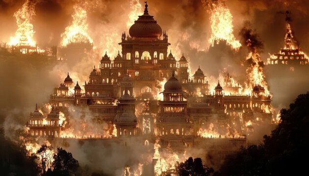 Fiery depiction of the legendary wax palace in ancient mythology.