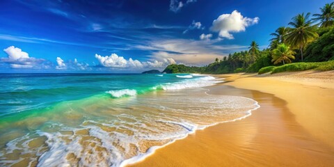 Obraz premium Tropical beach water with crystal clear blue waves and golden sandy shore , tropical, beach, water, waves, crystal clear