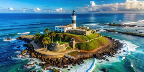 Obraz premium Aerial view of iconic lighthouse against tropical backdrop in Salvador Bahia Brazil, lighthouse, aerial view, tropical
