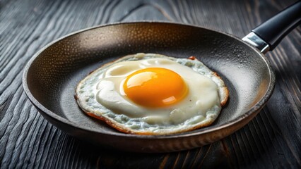 Close up shot of a perfectly cooked fried egg sizzling on a hot frying pan, breakfast, cooking, food, yolk, sunny side up