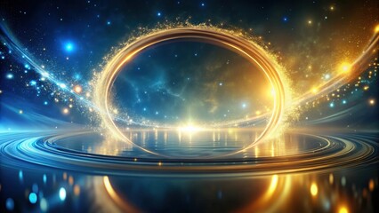Celestial Ring of Golden Light Reflecting on a Calm, Dark Water Surface, Illuminated by Sparkling Dust and Glowing Nebulae
