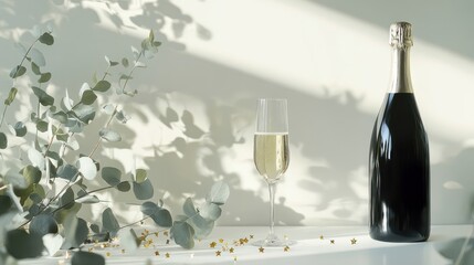 Sunlight illuminates champagne bottle, glass, eucalyptus, & confetti; celebratory scene