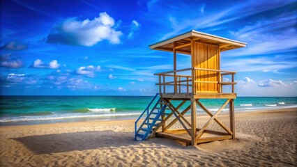 Lifeguard tower on sandy beach with vibrant blue ocean in background, Miami Beach, Florida, lifeguard, tower, ocean, beach