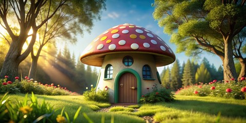 Whimsical mushroom house with colorful polka dots and a curved roof ,  magic, enchanted, fairytale, fantasy, whimsical, mushroom