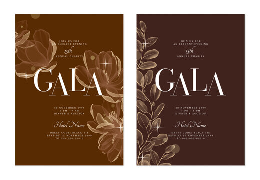Charity gala dinner invitation features flowing, translucent flowers and leaves on rich brown and gold background, creating a sophisticated and classic
