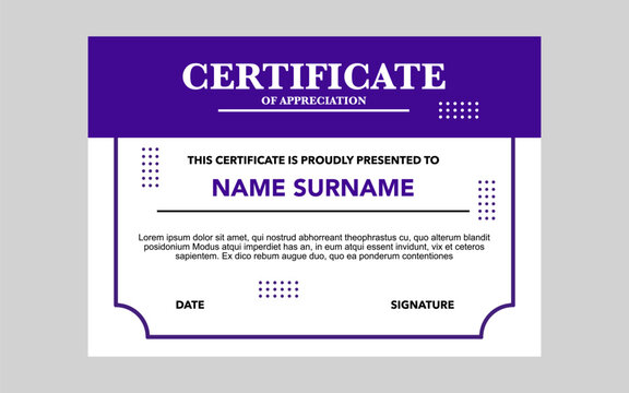 certificate template design with purple and white color for awards and appreciation.
