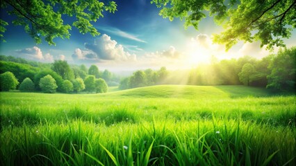 Beautiful and vibrant lush green grass meadow background, nature, landscape, environment, field, outdoors, scenery, fresh