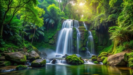 Obraz premium Enchanting waterfall cascading down rocks in lush green jungle setting, waterfall, green, forest, nature, jungle, scenic