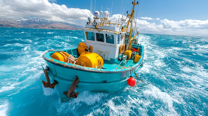 Obraz premium Fishing boat at sea, mountains background, sunny day, travel