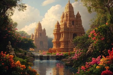 Obraz premium A picturesque view of a majestic Hindu temple with lush nature.