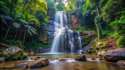 Serene view of Mok Fah Waterfall in a lush forest setting with cascading water and natural rock formations