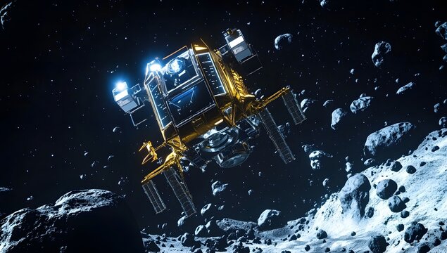 Golden space rover navigating asteroid field - Powered by Adobe