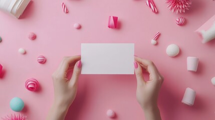 Obraz premium Pink background hands holding blank card, candy decor, invitation design