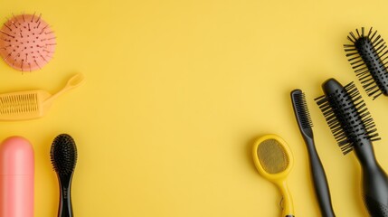 Yellow background hairbrushes styling tools flatlay