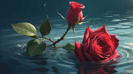 A detailed close-up of a vibrant red rose and its bud submerged underwater with light filtering through, creating a serene and mesmerizing visual