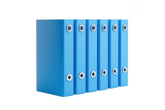 Set of blue binders arranged neatly with a transparent background, ideal for office organization, storage, and documentation purposes across various settings - Powered by Adobe