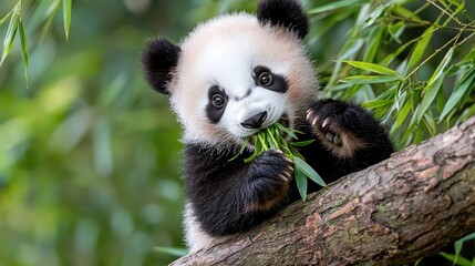 Obraz premium Baby panda eating bamboo in a lush forest
