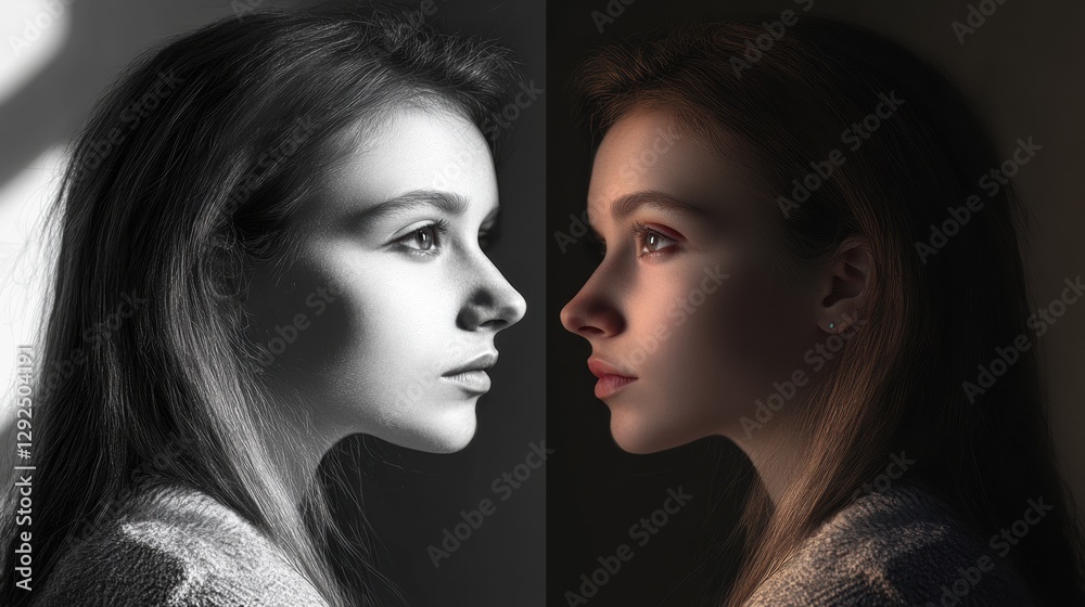 Poster mood transformation captured as grayscale sadness shifts to vibrant expression of joy and hope. gene