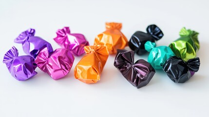 Colorful foil-wrapped candies scattered on white background, studio shot, sweet treats, food photography
