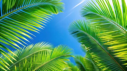 Fototapeta premium Pattern Description Close-up view of lush green tropical palm leaves against a clear blue sky, tropical, palm leaves