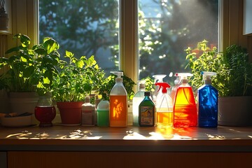 Sunlit windowsill, cleaning supplies, herbs