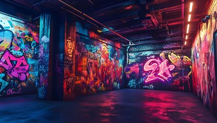 Obraz premium Graffiti-filled urban basement lit by neon lights