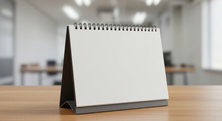 Blank desk calendar, white pages, spiral binding, wooden surface, blurred office background, soft lighting, minimalist design, clean aesthetic