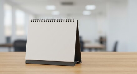Blank desk calendar, white pages, spiral binding, wooden surface, blurred office background, soft lighting, minimalist design, clean aesthetic