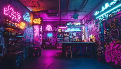 Neon-lit underground bar, graffitied walls, vibrant colors