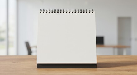 Blank desk calendar, white pages, spiral binding, wooden surface, blurred office background, soft lighting, minimalist design, clean aesthetic