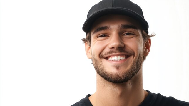 Happy man smiling, baseball cap, studio shot, white background, portrait