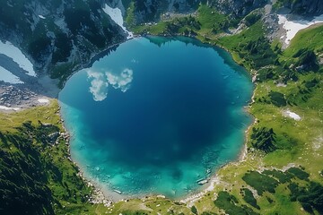 Aerial view of a pristine, circular lake surrounded by lush greenery and mountainous terrain, reflecting the sky above.