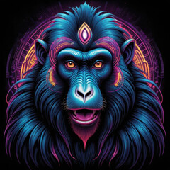 Stylized artwork featuring a colourful neon monkey surrounded by details in a mystical aesthetic