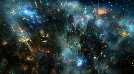 Futuristic Cityscape with Neon Lights Background
