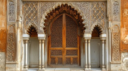 Ornate wooden door with intricate carvings in arched alcove.