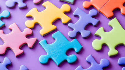 Obraz premium Isometric puzzle pieces on purple background. Concept of teamwork, communication, problem or challenge solution. Vector 3d illustration of unfinished colorful jigsaw game