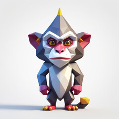 A Vibrant low-poly style cartoon monkey with bright colours, large eyes, and geometric shapes, isolated on a clean white background
