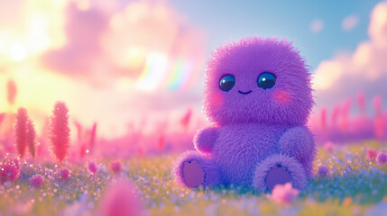 Fototapeta premium A voxel monster with a fuzzy purple body, wide eyes, and a little pink nose
