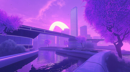 Futuristic Urban Landscape in Neon Purple Background
